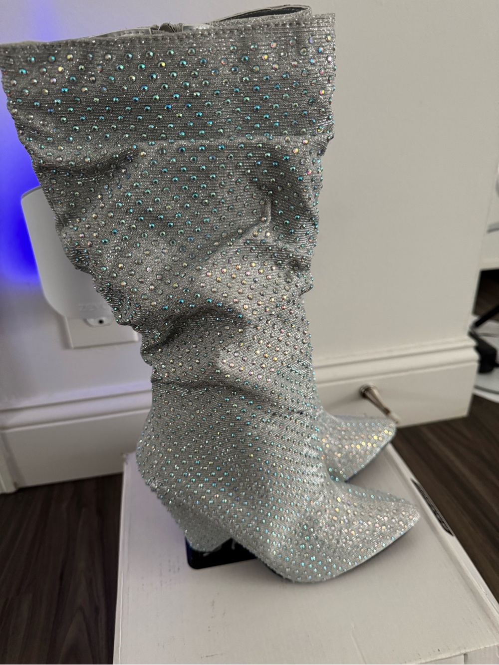 *BNIB* Bamboo Immerse Silver Crystal-Studded Mid-Calf Heeled Boots